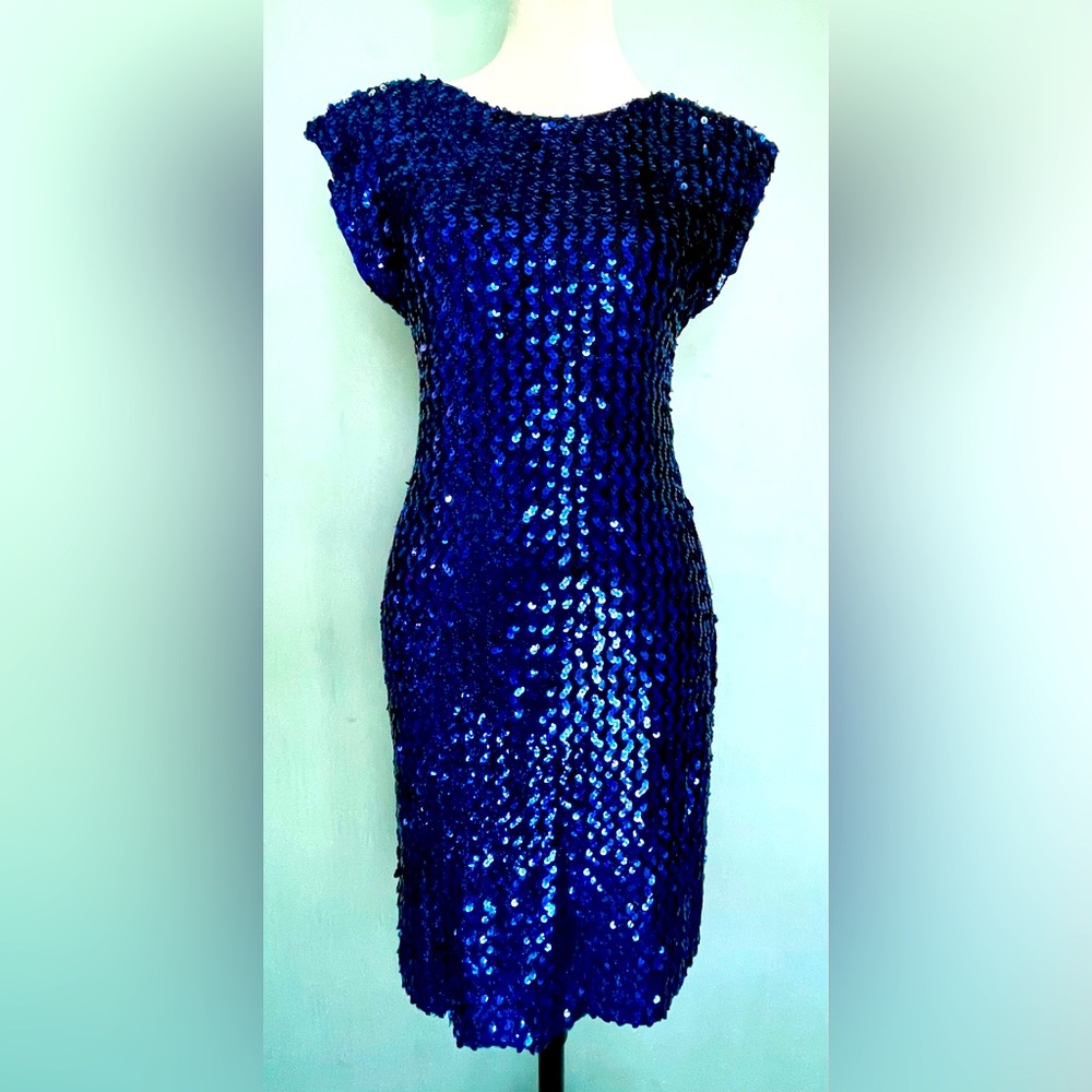 Vintage 80’s Glenrob Blue Sequin Scoop Back Dress Size 9/10 Needs Zipper Slider